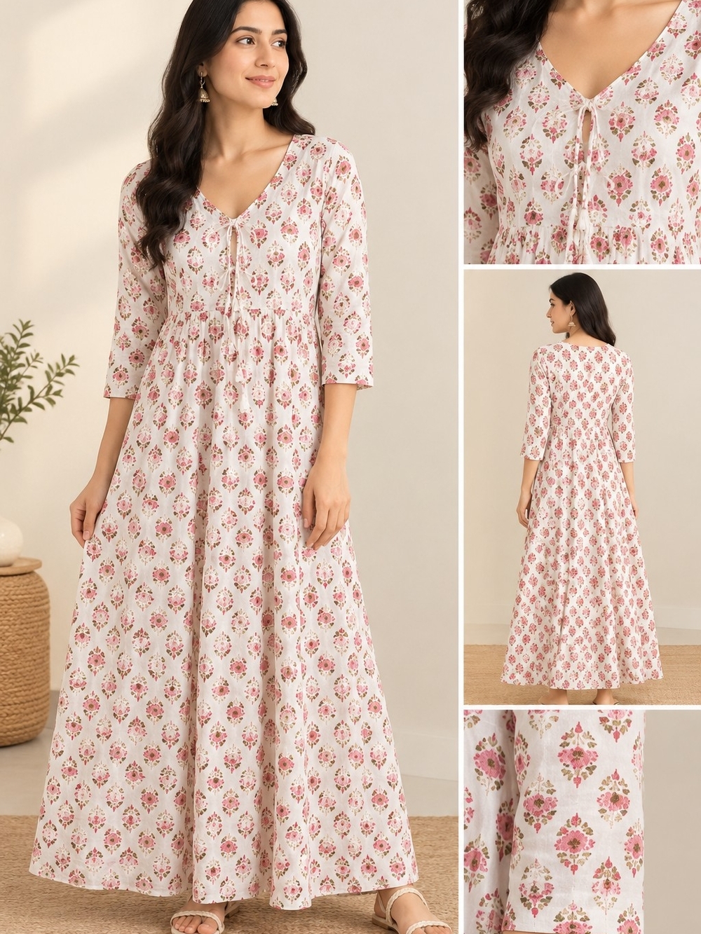 Boho Floral Maxi Dress with Tie Front - Pink
